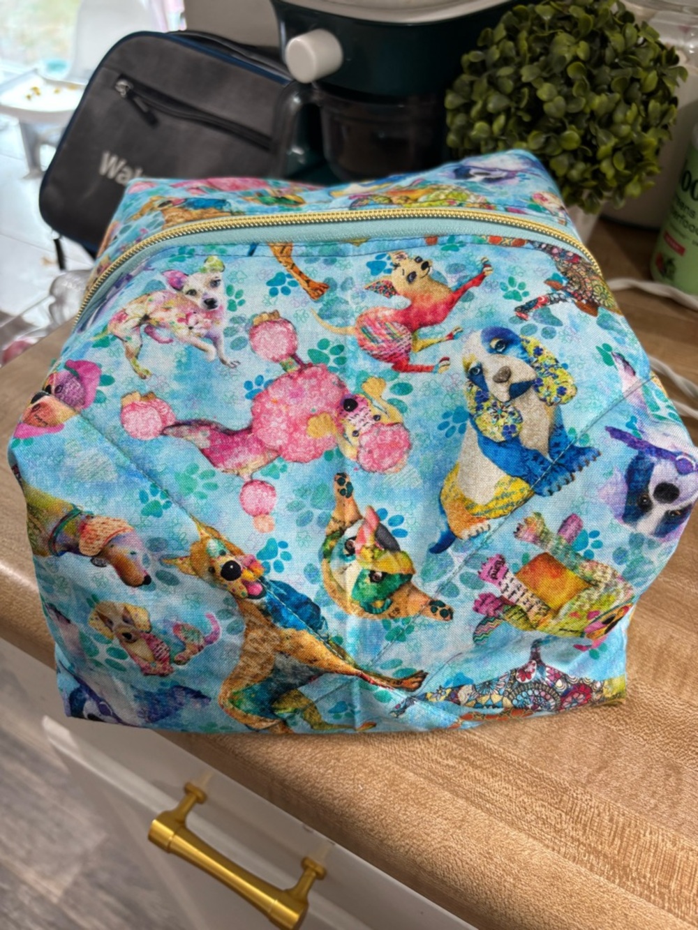 Bright Blue large Cosmetic Pouch with Dog Print